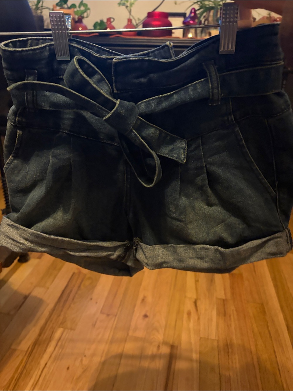Free People Dark Blue Paperbag Waist Denim Shorts with Tie